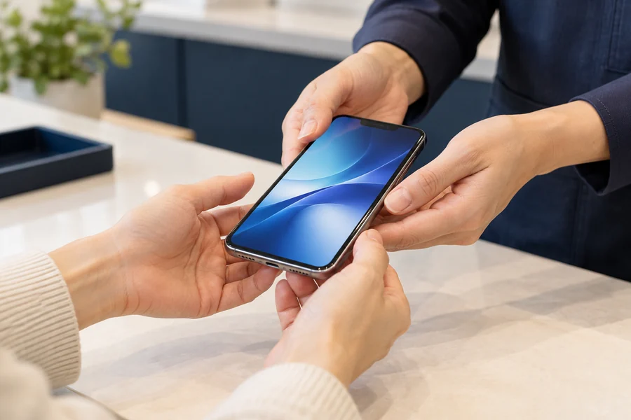修理後のiPhoneを店頭で受け取るイメージ