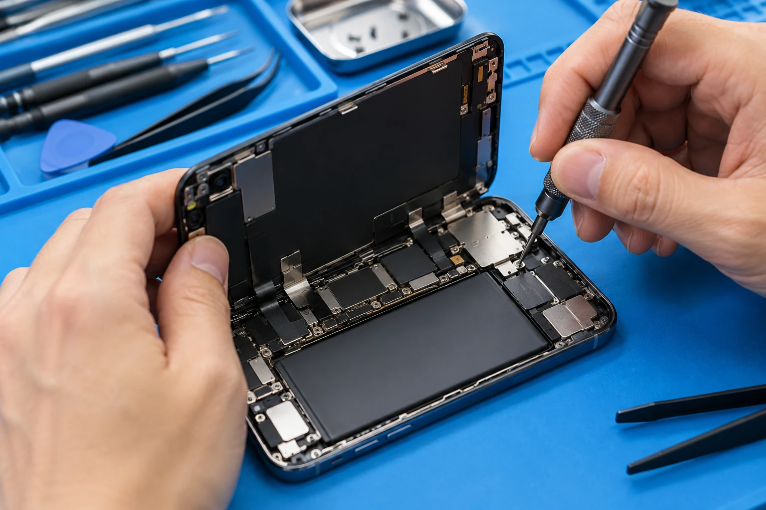 スマートフォンを精密工具で修理する手元のイメージ